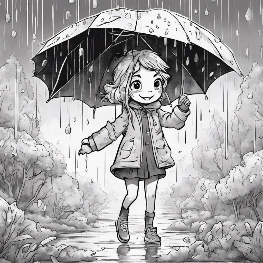 Cute Girl Playing in Autumn Rain: Cartoon Coloring Page