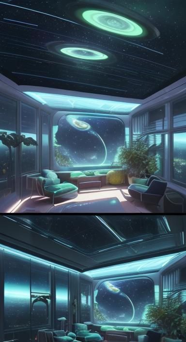 Saturn Rings Viewed from a Sleek Spaceship Bedroom