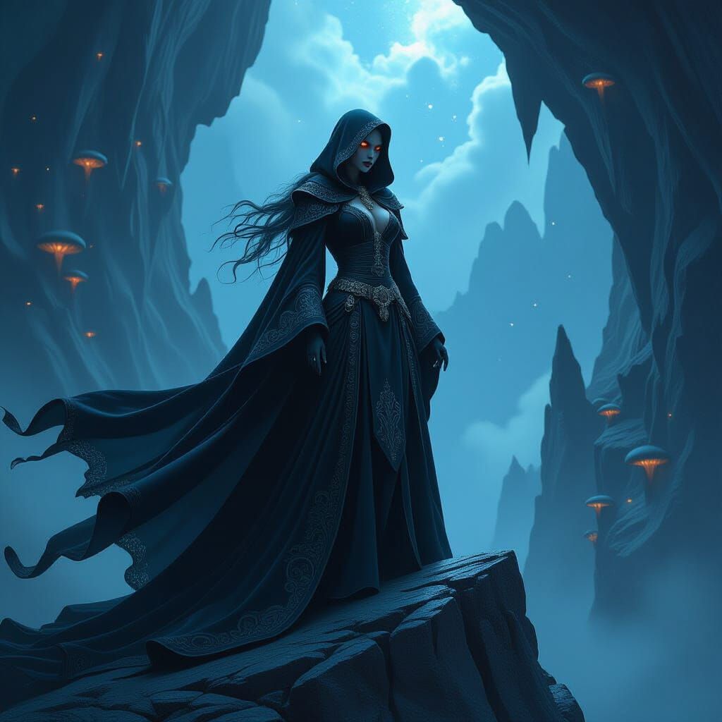 Drow Sorceress on Obsidian Peak with Glowing Fungi