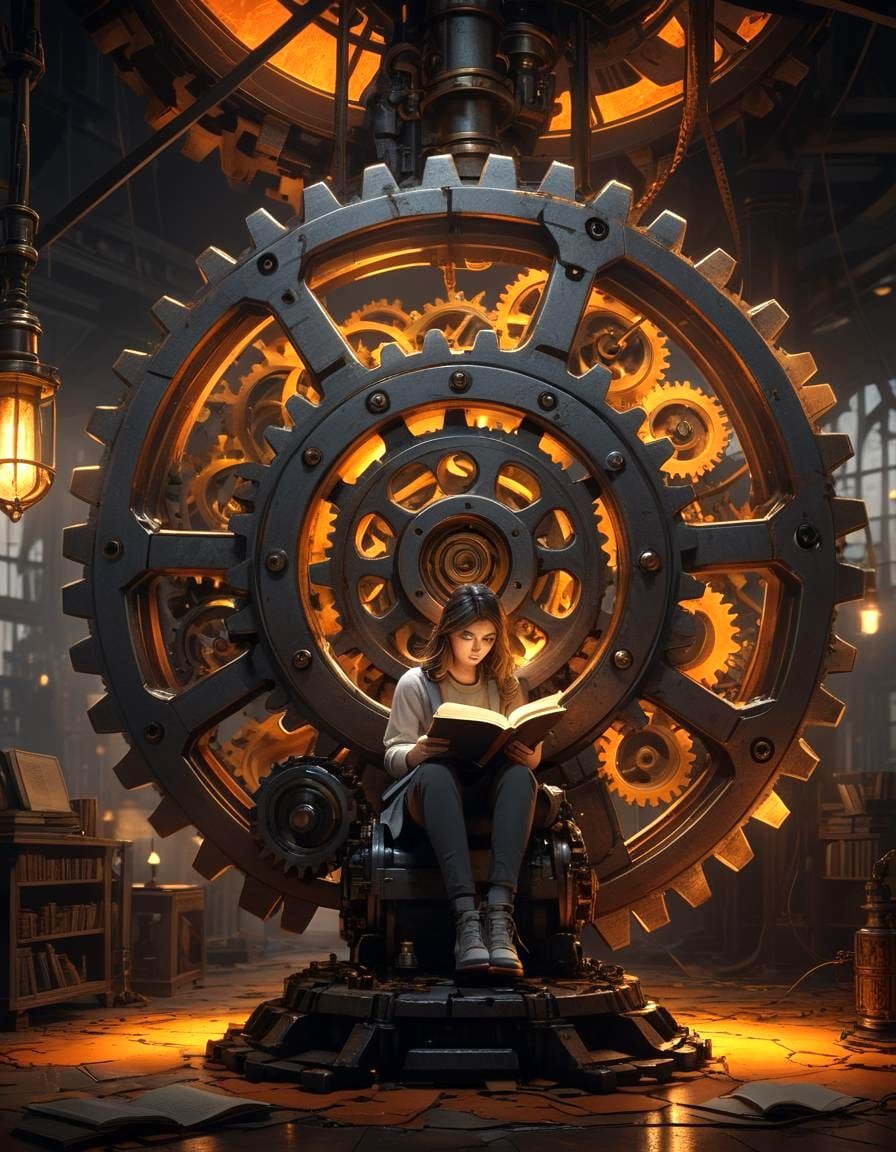 Steampunk Gear Lamp Illuminates Reader, Fantasy Art