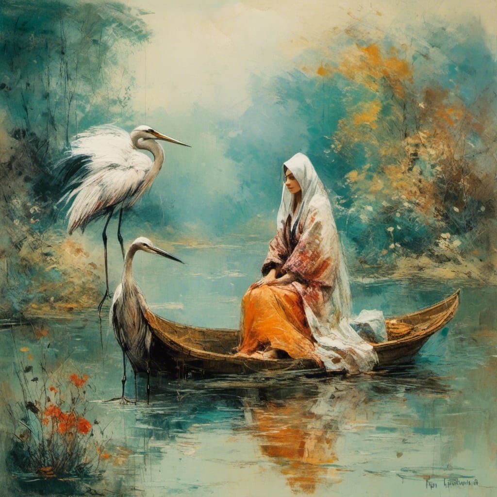 Woman Bathing with Heron in Colorful Robe