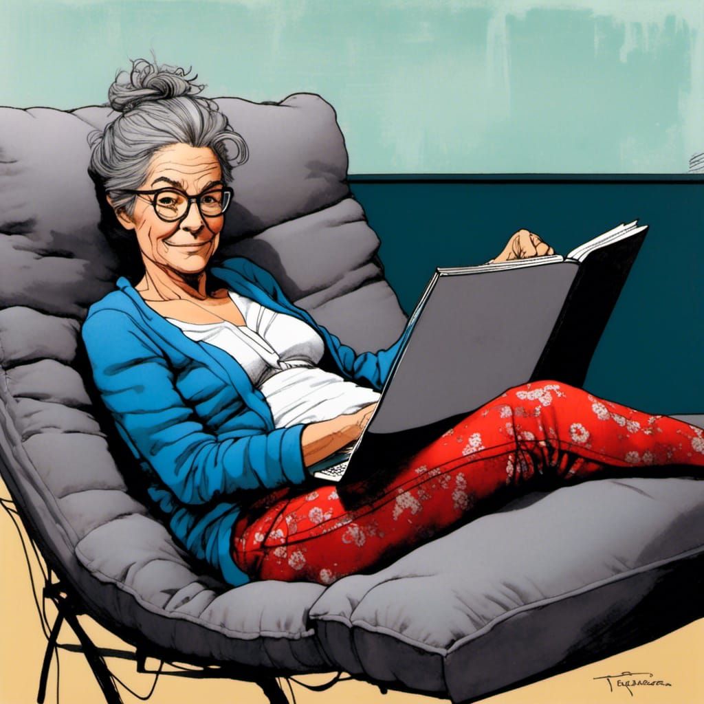 Ink Illustration of Woman Relaxing with Laptop