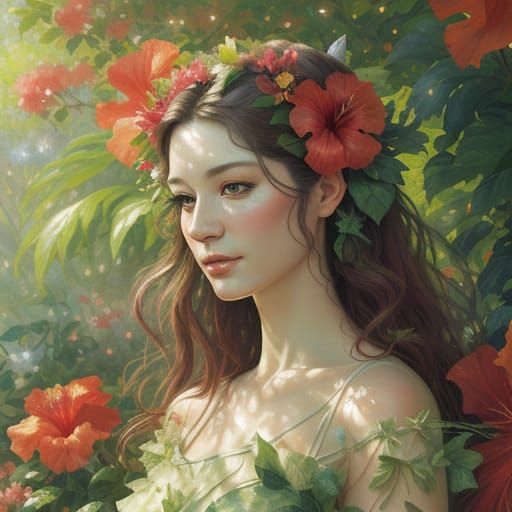 Hibiscus Fairy in Impressionist Garden Painting