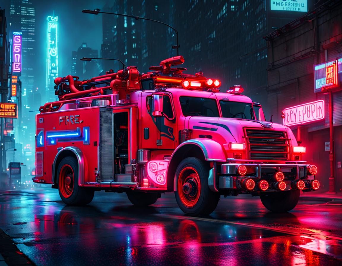 Cyberpunk Fire Truck in Neon Cityscape