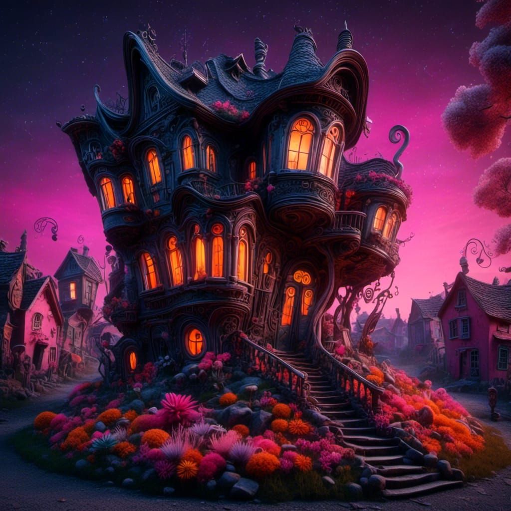 Luminous Flower House at Night with Glittering Stars