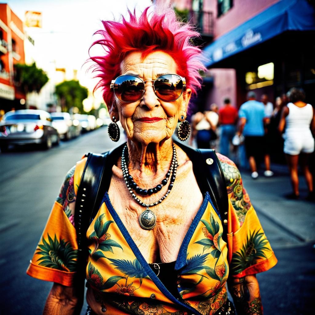 old woman ,eccentric,mad, funny looking , punk hair style ,unique, fancy colorful clothes,funny sun glasses,portrait,tat...