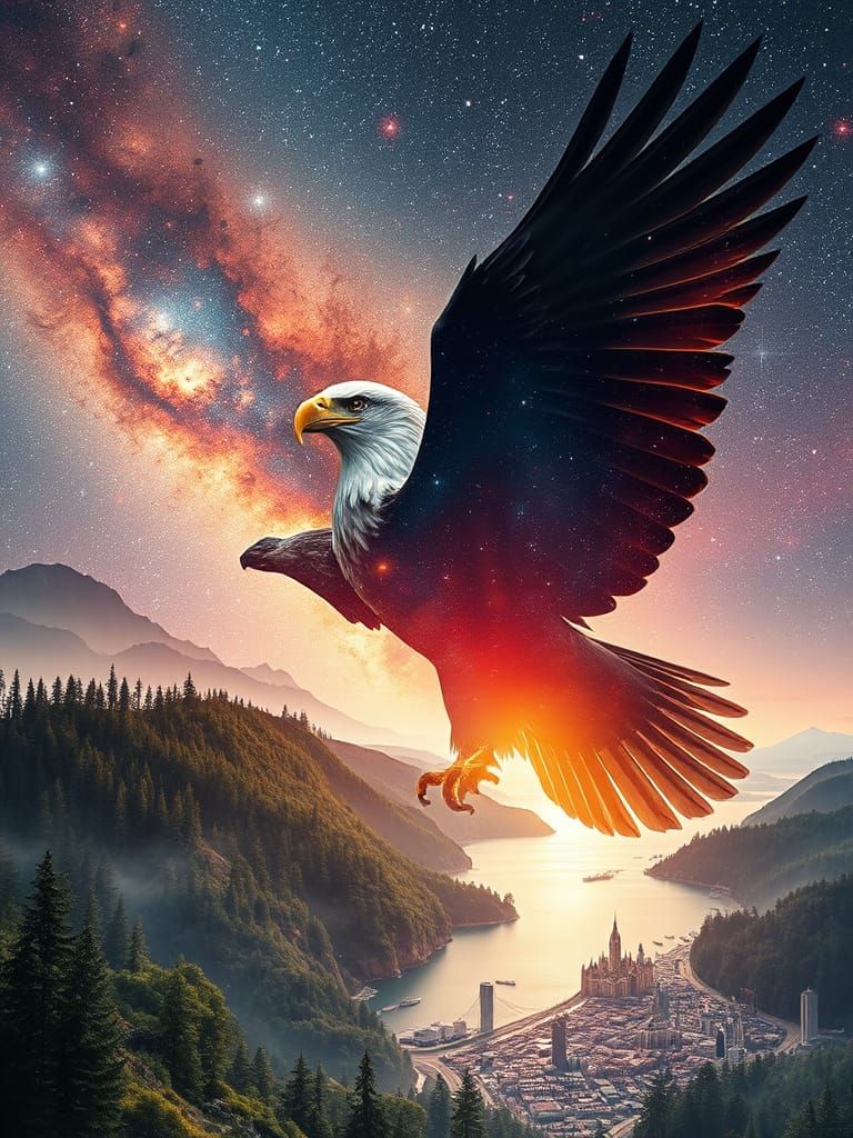 Galaxy Meets World: Double Exposure Eagle Silhouette