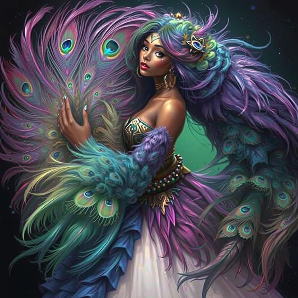 Rainbow Woman Portrait with Peacock Feather Hair