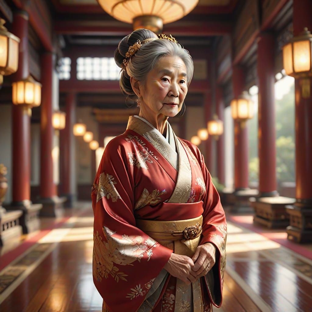 Elegant Old Asian Lady in Kimono, Oil Painting