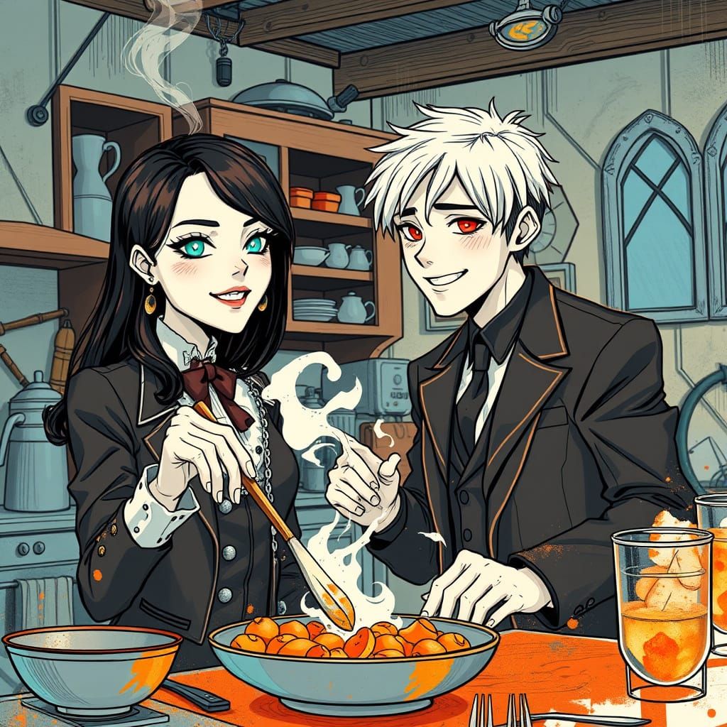 Couple Cooking in Gothic Elegance