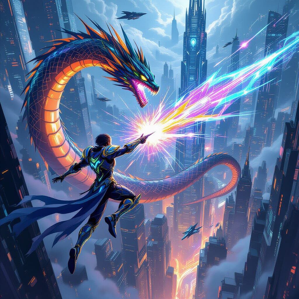 Cyber Hero Battles Neon Fractal Serpent Over Futuristic City