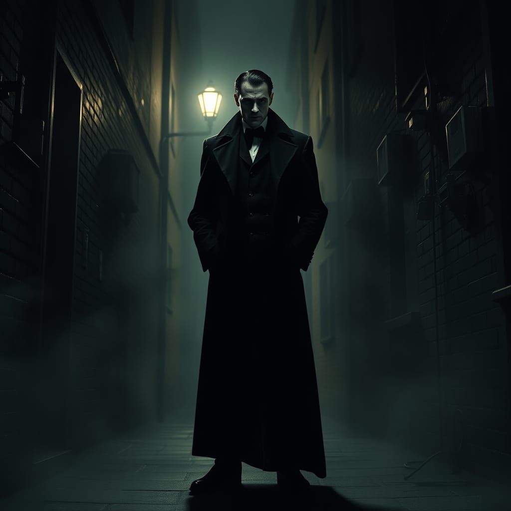 Gothic Vampire in 1930s Attire Casts Long Shadows