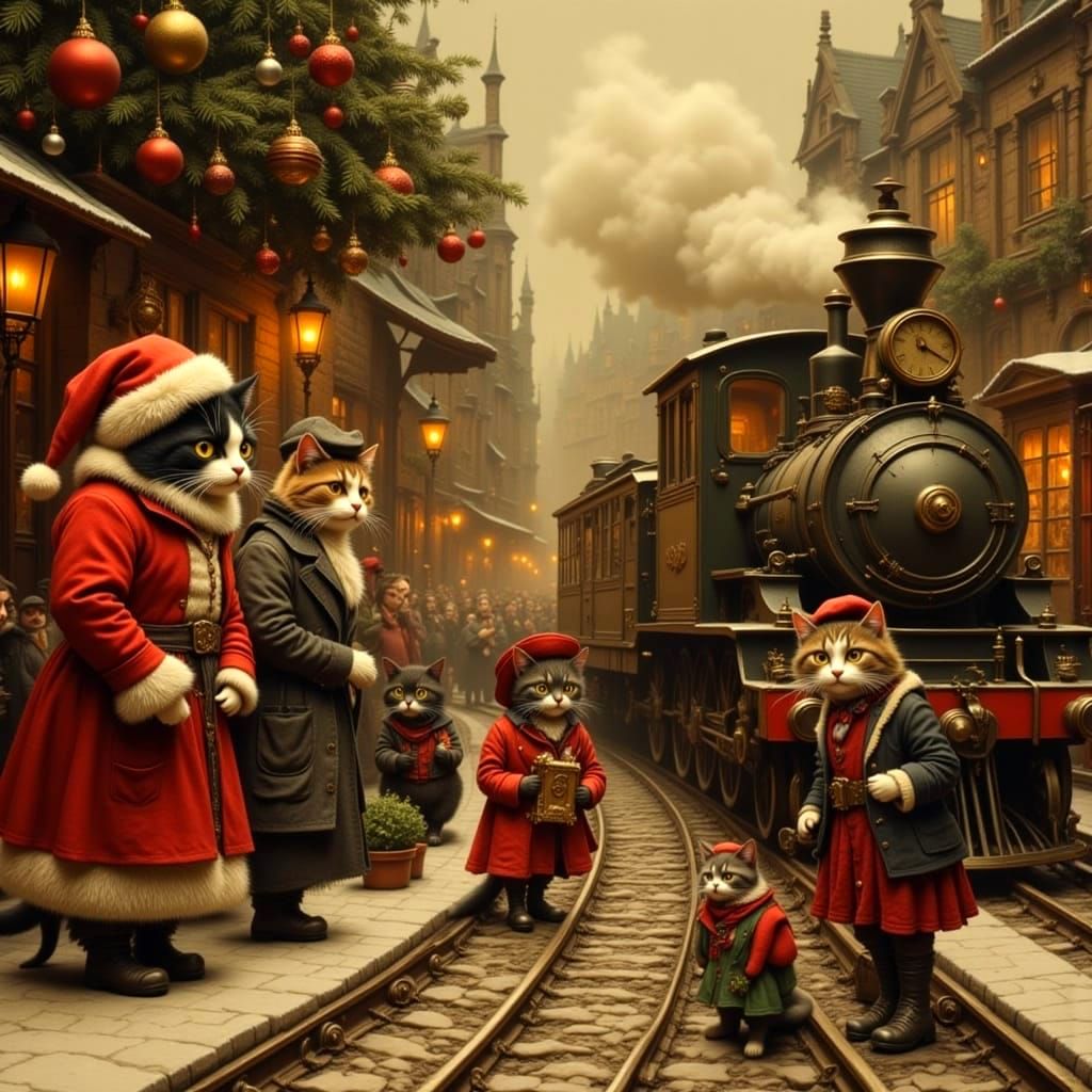 Victorian Cats Prepare for Holiday Travel at Miniature Stati...