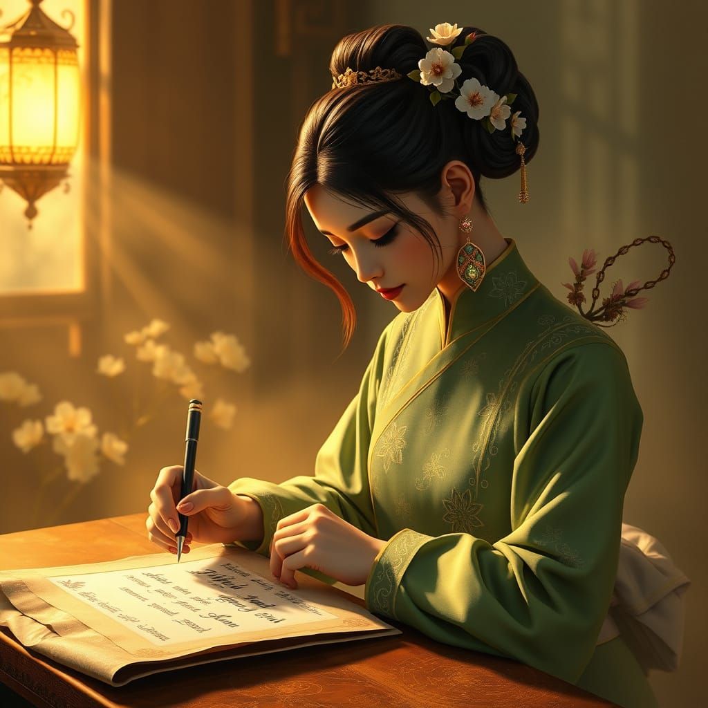 Elegant Thai Scribe in Serene, Misty Environment
