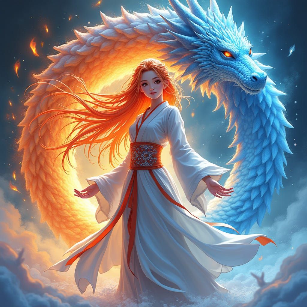 Goddess of Balance and Power in a Fiery Ice Aesthetic