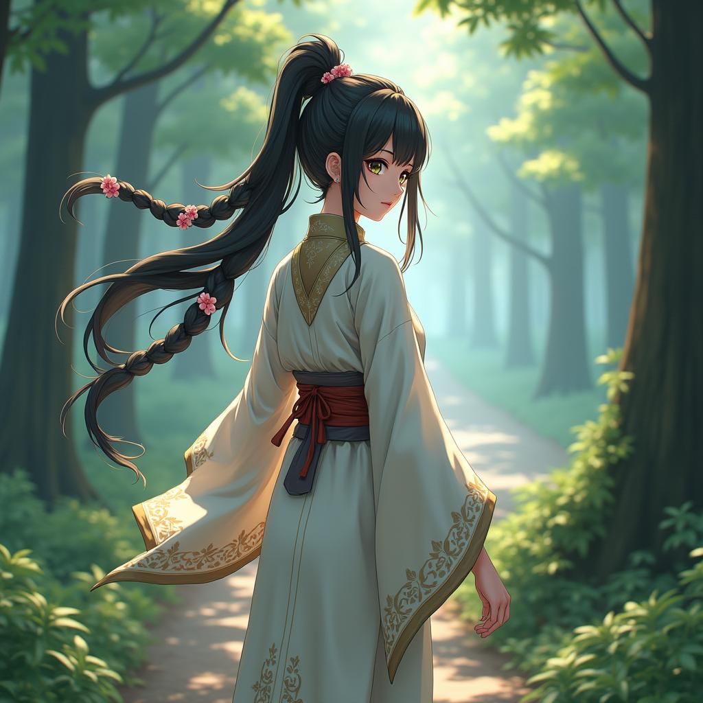 Anime Monk Girl in Misty Forest, Digital Art