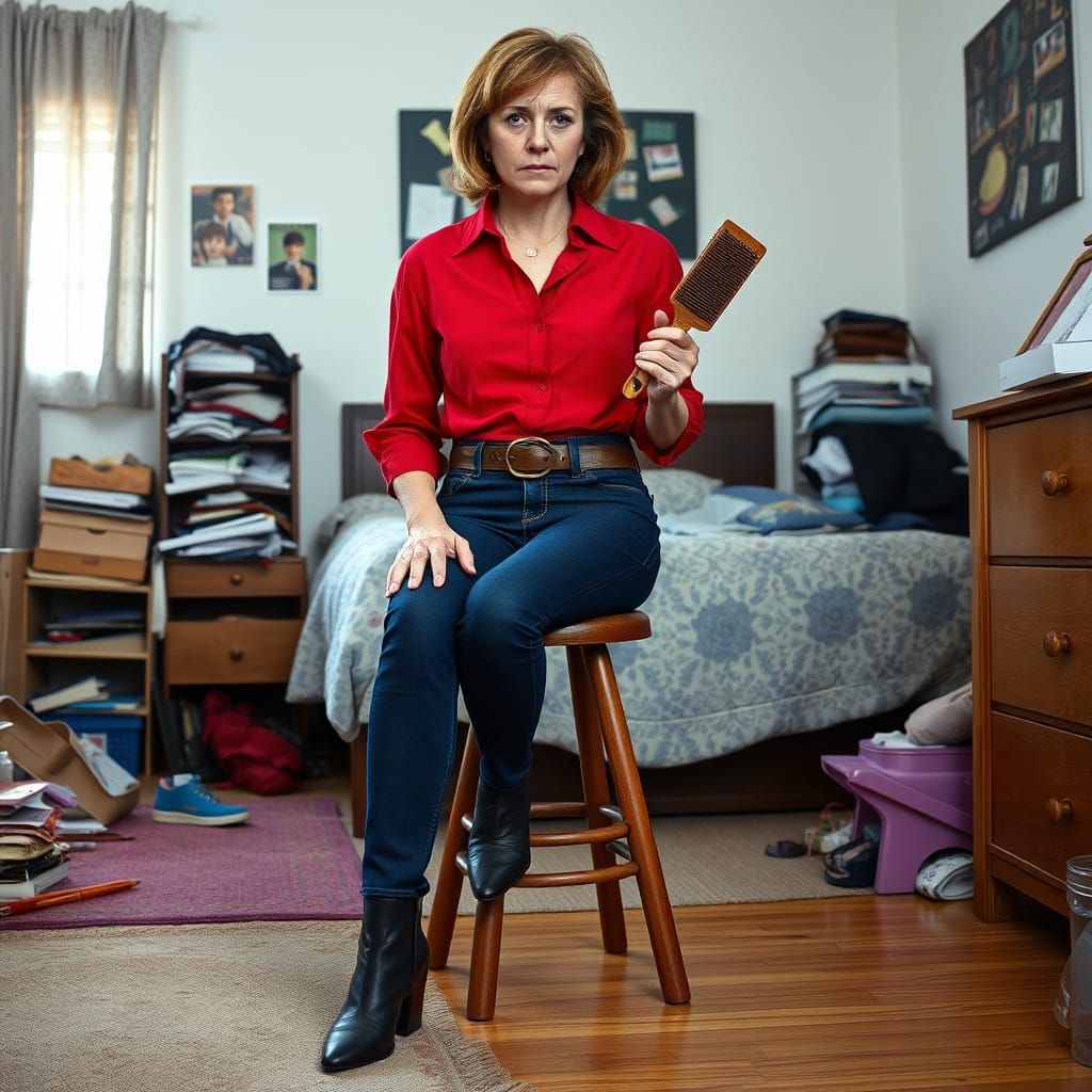 Stern Woman with Red Blouse in Teen Bedroom