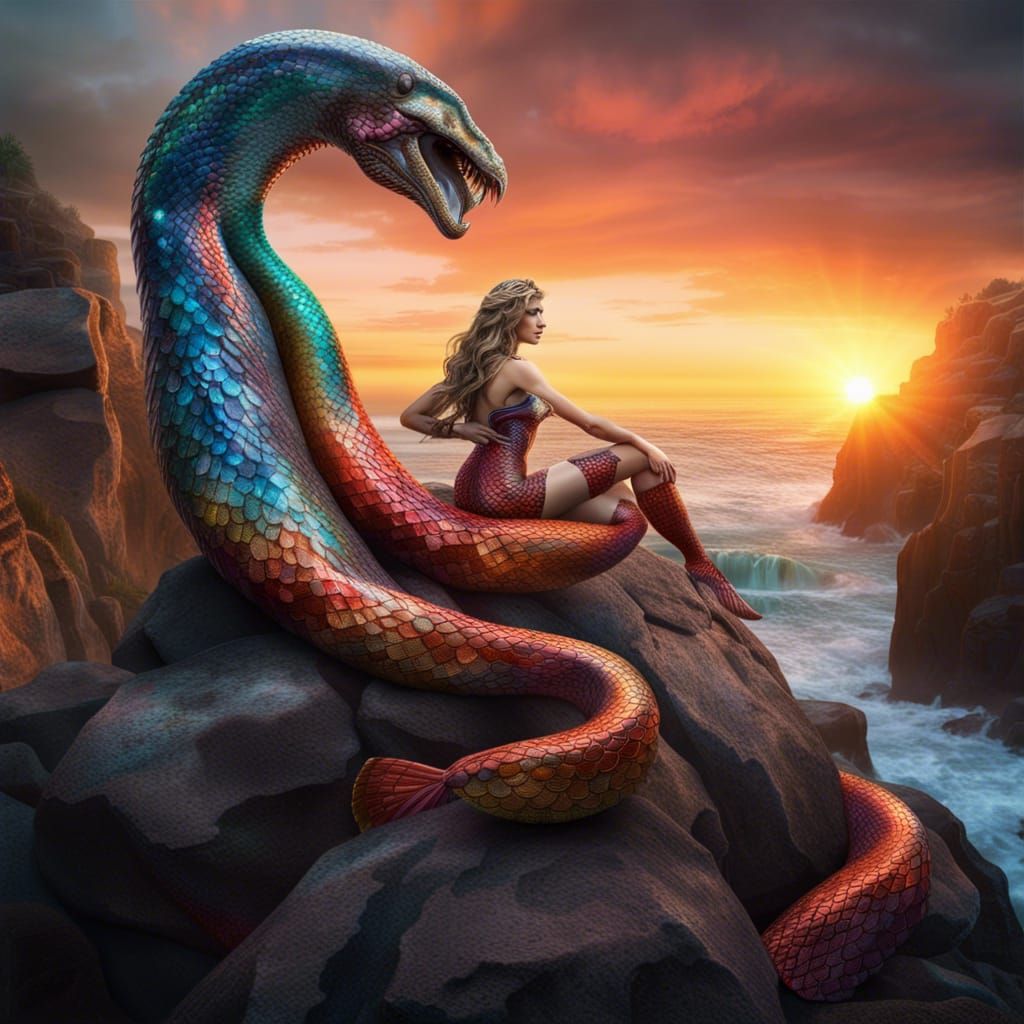 Snake-Scale Mermaid Queen on Rock at Sunrise