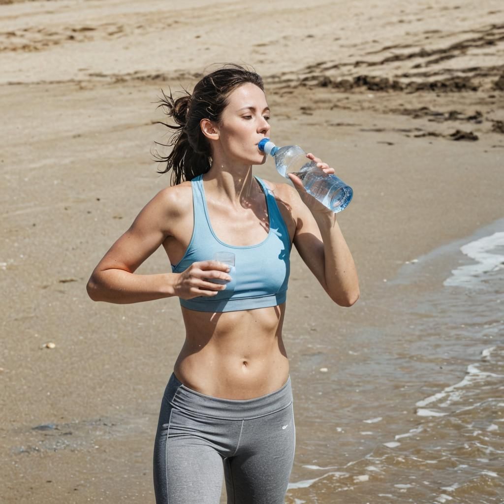 Woman Hydrating Seaside, Photojournalistic Style