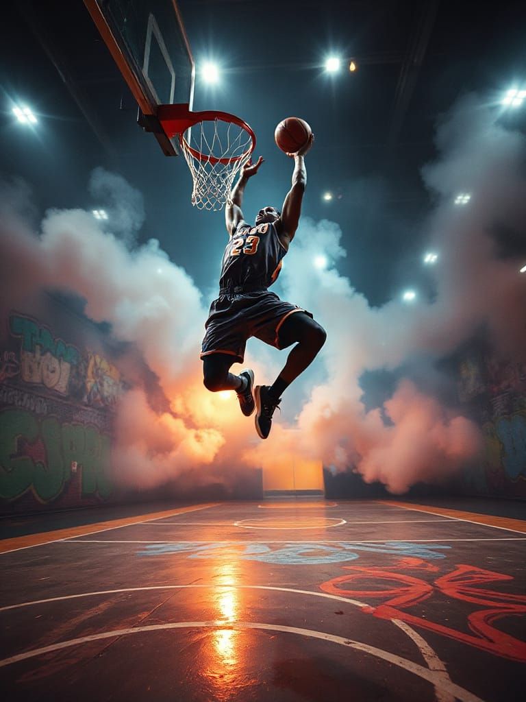 Basketball Player Mid-Dunk with Neon Light Trails