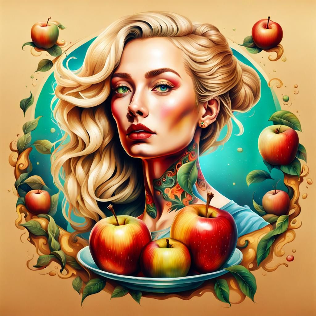 Blonde Woman with Apple Tattoo in Dali Style