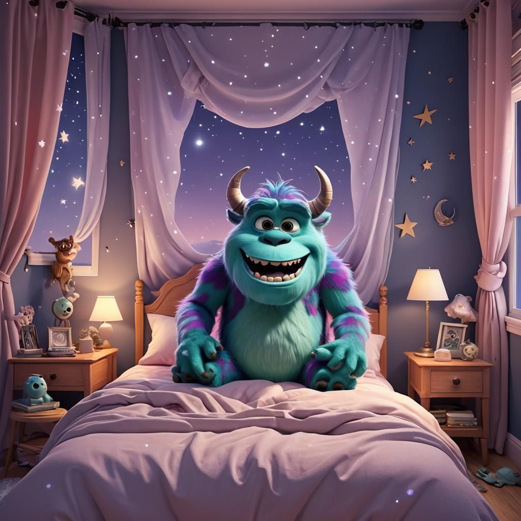 Cute Monster in Pastel Bedroom, 3D Digital Art