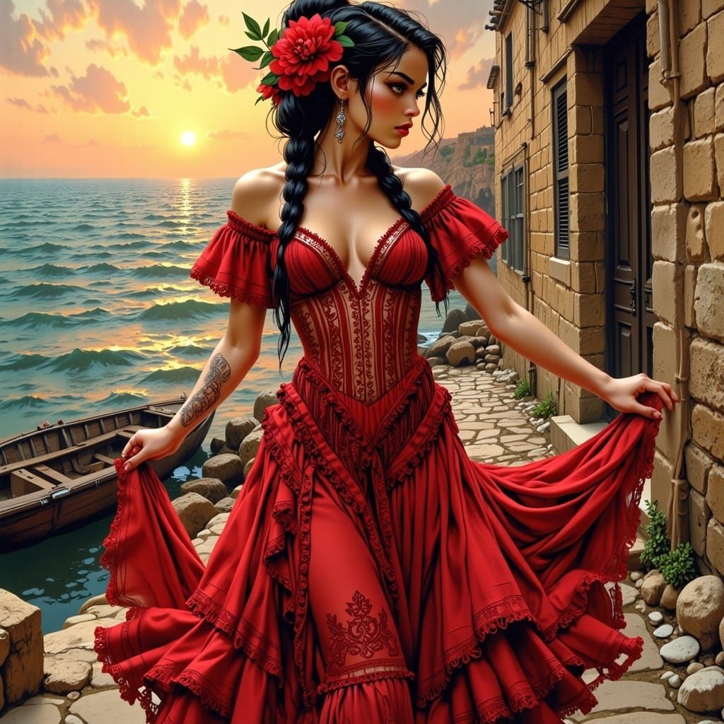 Spanish Woman Dancing in Crimson Dress at Sunset