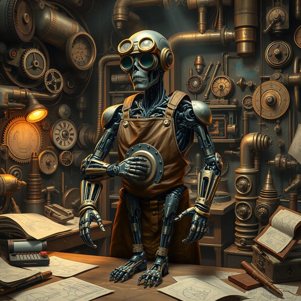 Steampunk Inventor Robot Assembles Human from Gears and Gadg...