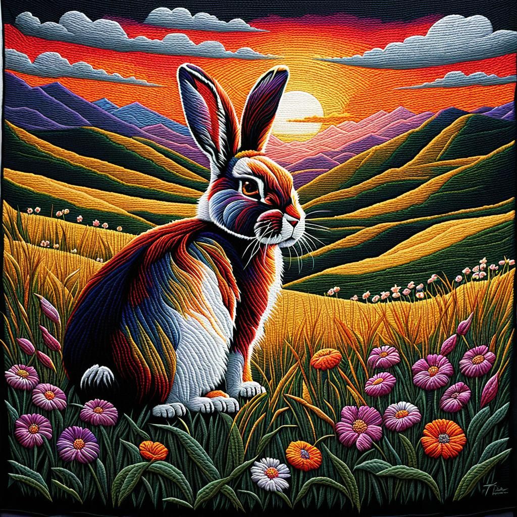 Embroidered Bunny Tapestry with Sunset