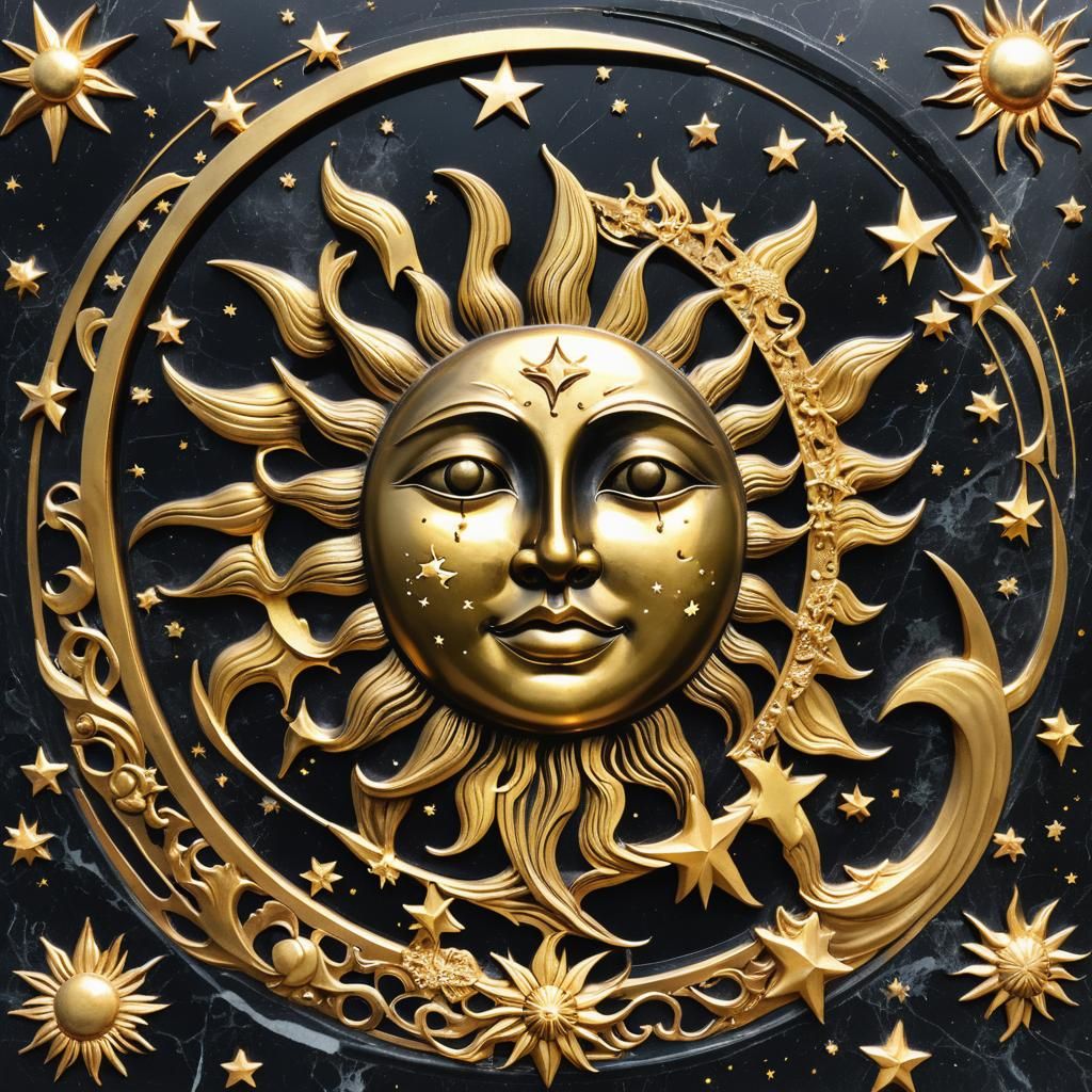 Celestial Art Nouveau: Gold Sun, Moon, and Stars