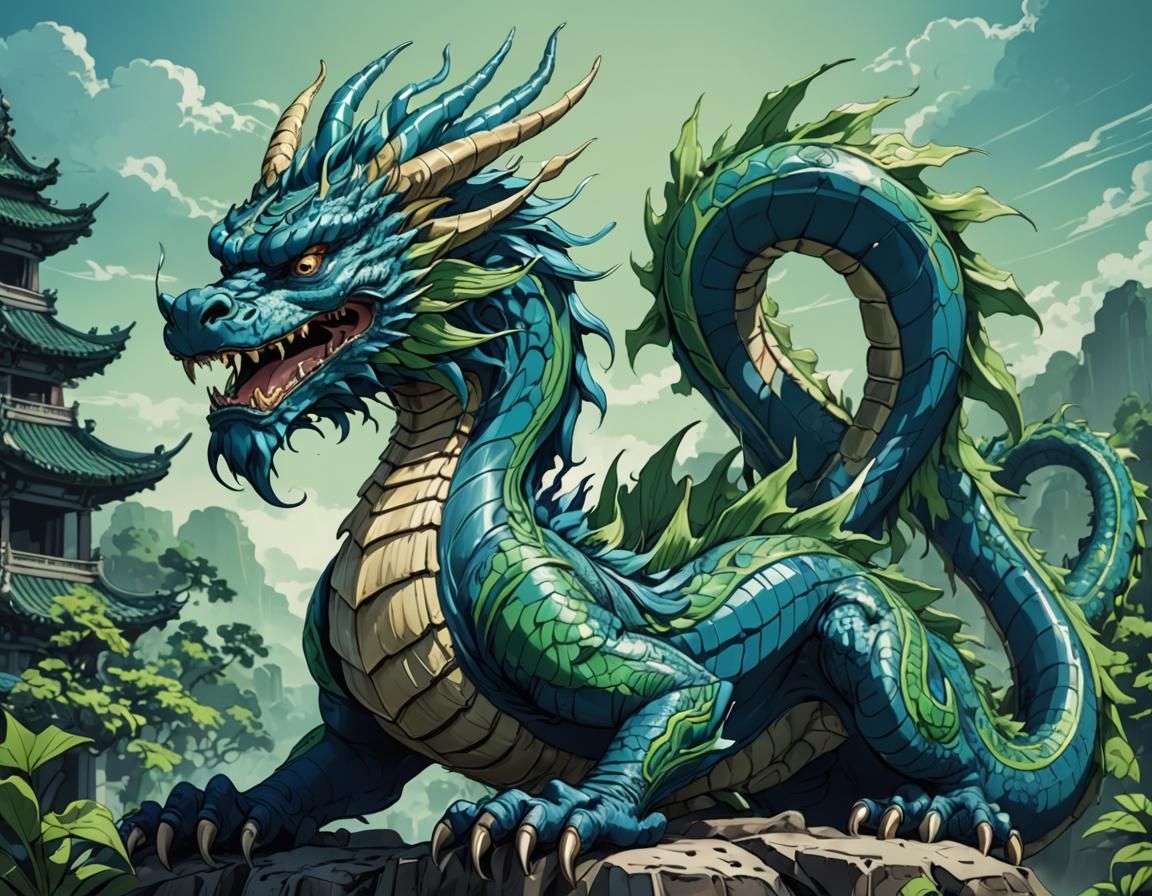 Vibrant Blue and Green Vietnamese Dragon in Anime Style