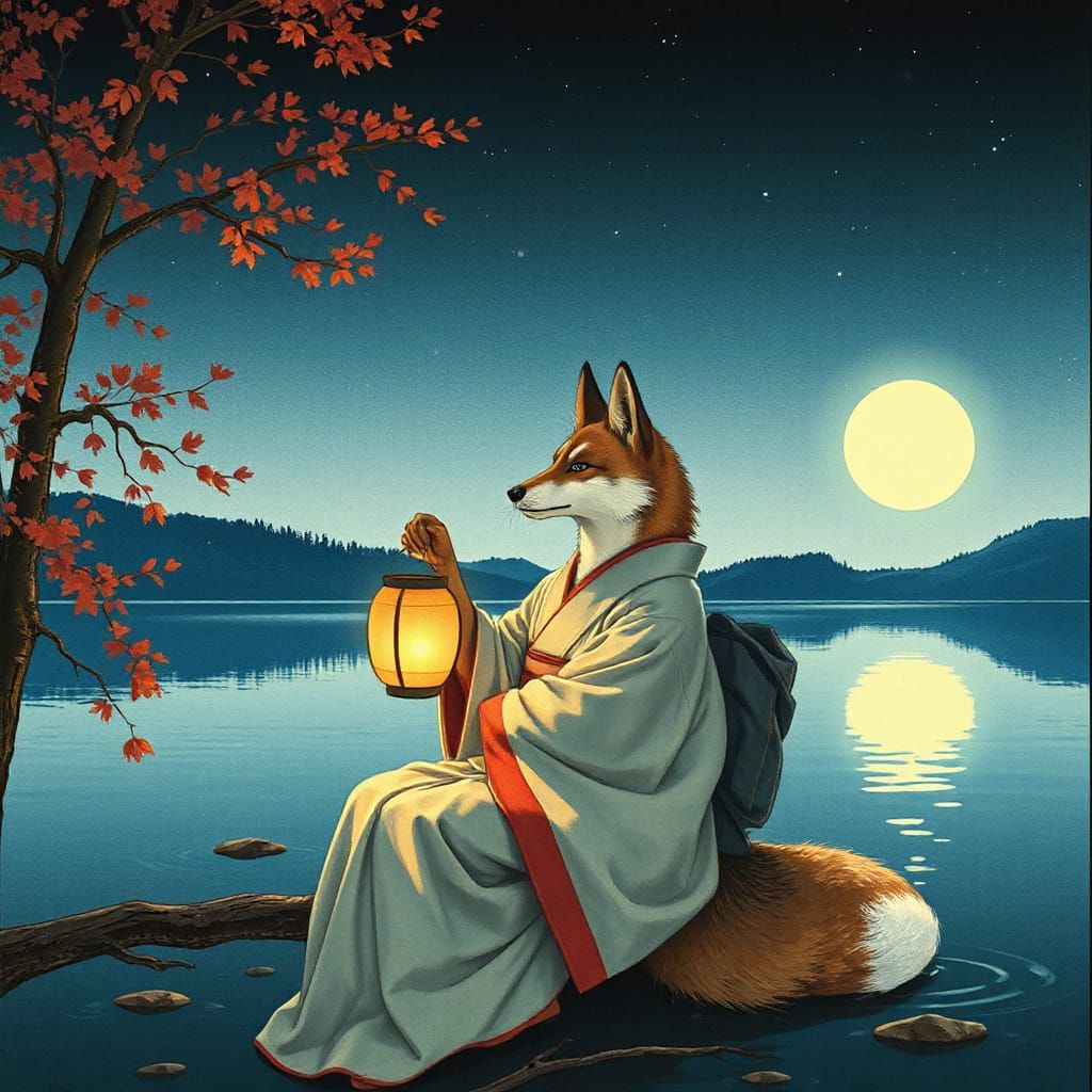 Fox-eared Man with Lantern by Lake, Ukiyo-e Style