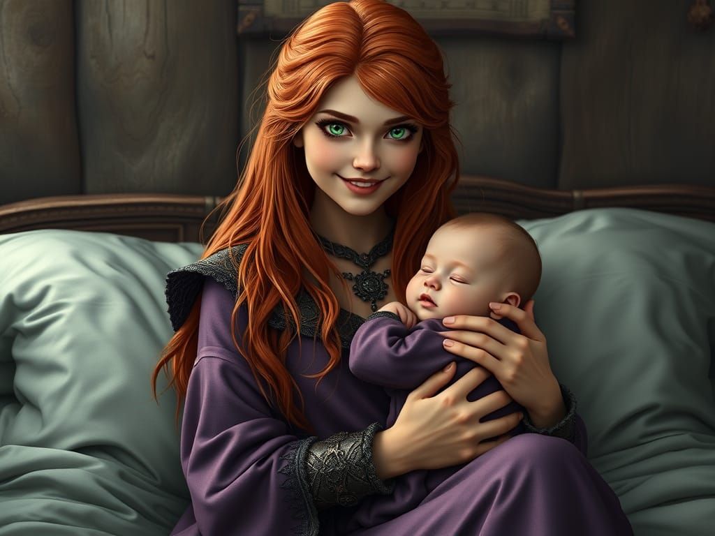 Viking Mother Tenderly Holds Her Infant in a Fantastical Bed...