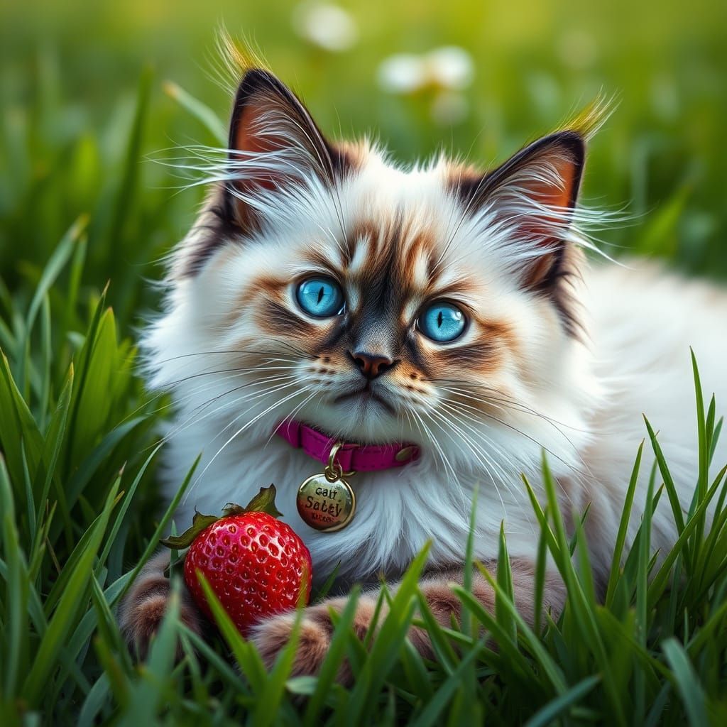 Realistic Ragdoll Cat in Whimsical Grass Field with Strawber...