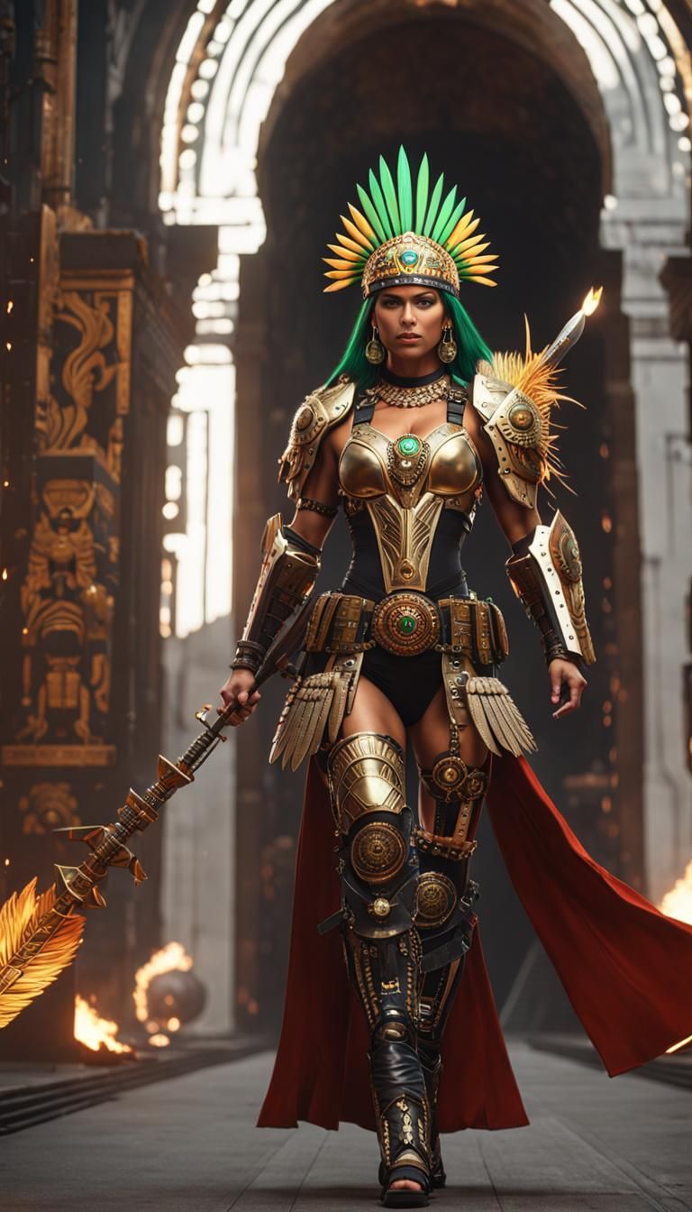 Aztec Warrior Woman with Flaming Sword in Cyberpunk Style