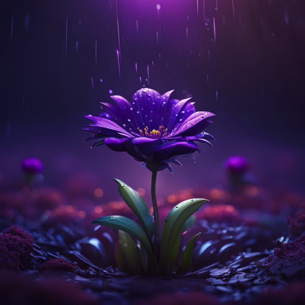 Purple Flower Blooms in Rain, 8K Concept Art