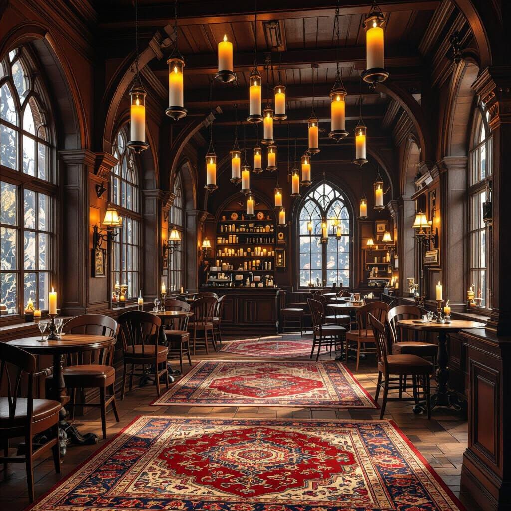 Magical Harry Potter Cafe Interior with Floating Candles