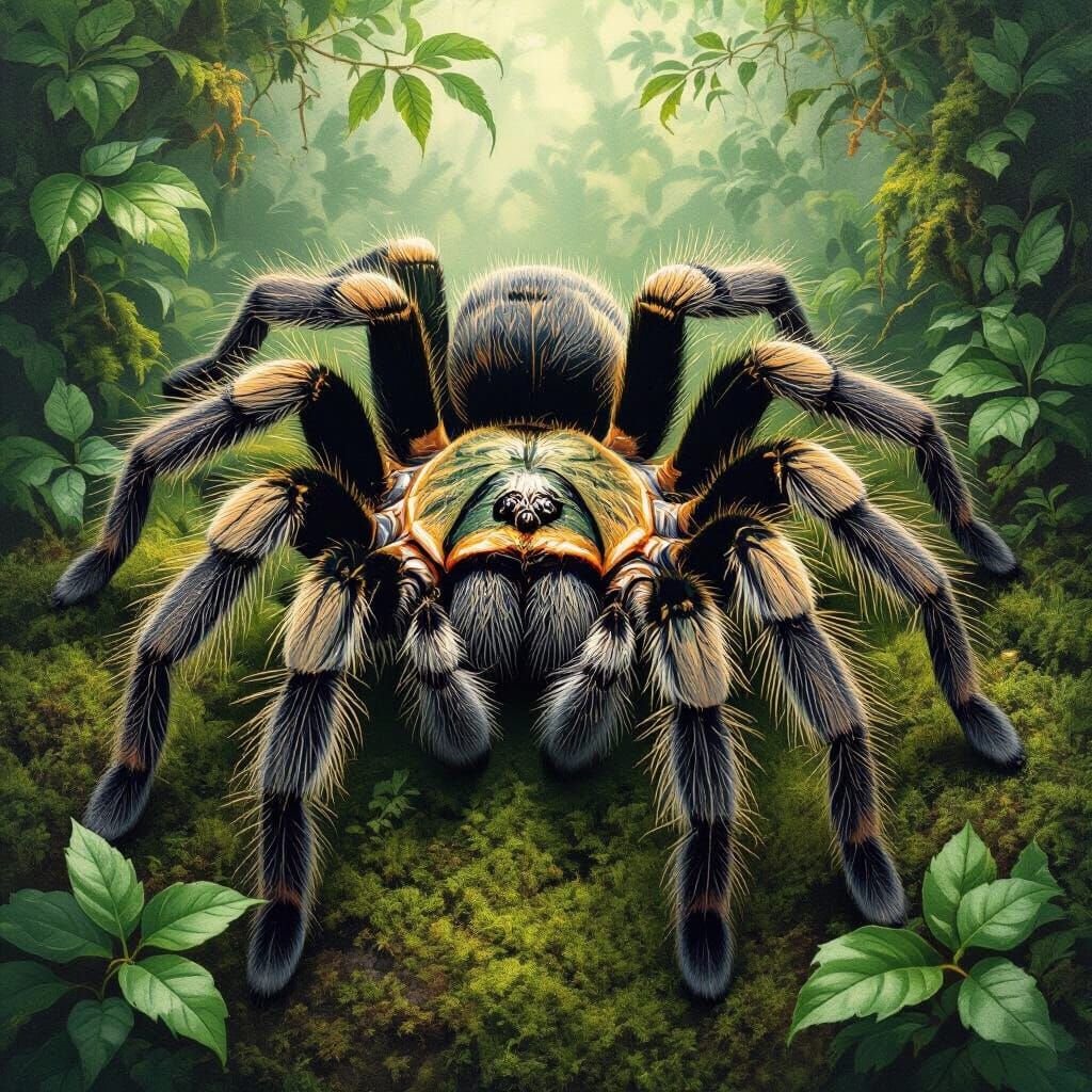 Tarantula Crafted from Green Leaves and Moss