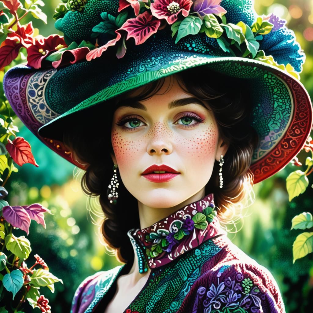 Pointillist Portrait of Woman with Intricate Hat