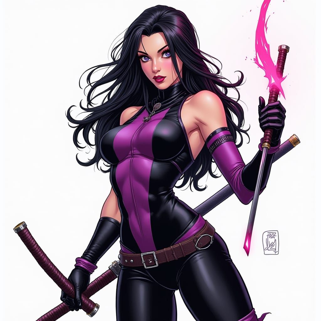 Psylocke with Psychic Blade and Katana, Comic Style