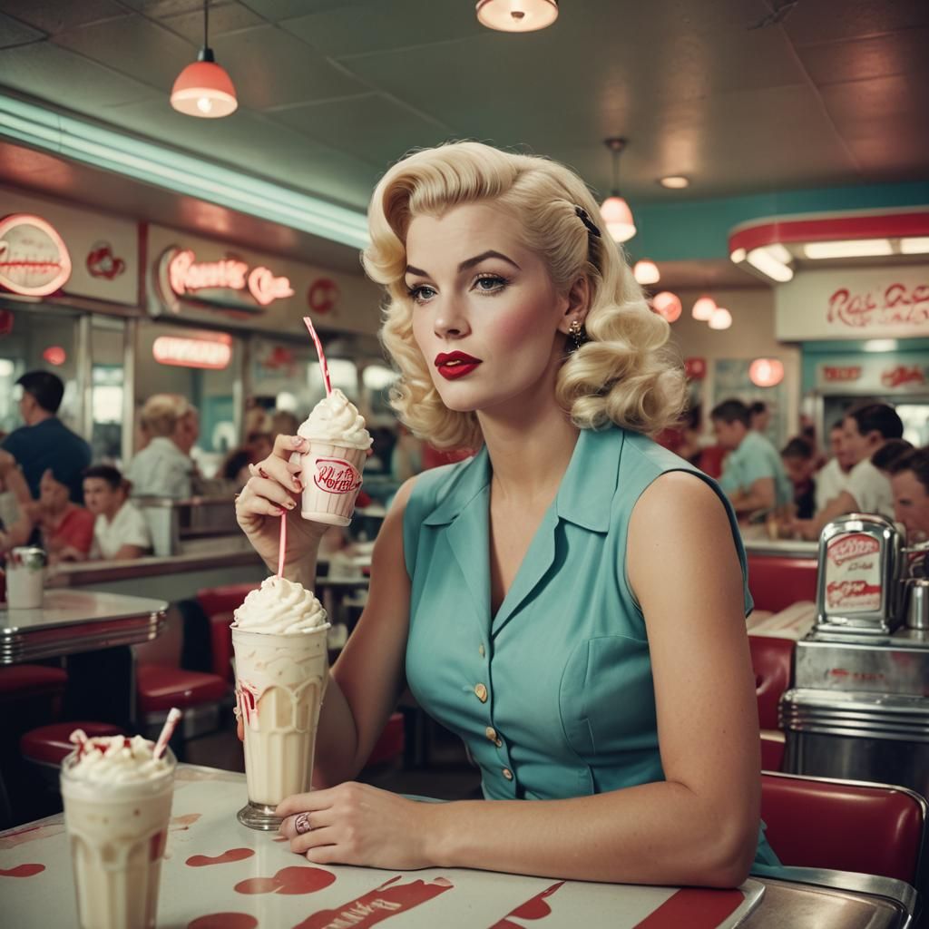 Blonde Pinup Model in Retro Diner: 1950s Film Still