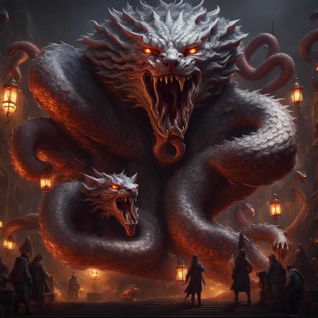 Metallic Hydra with Cat Heads in Detailed Matte Painting