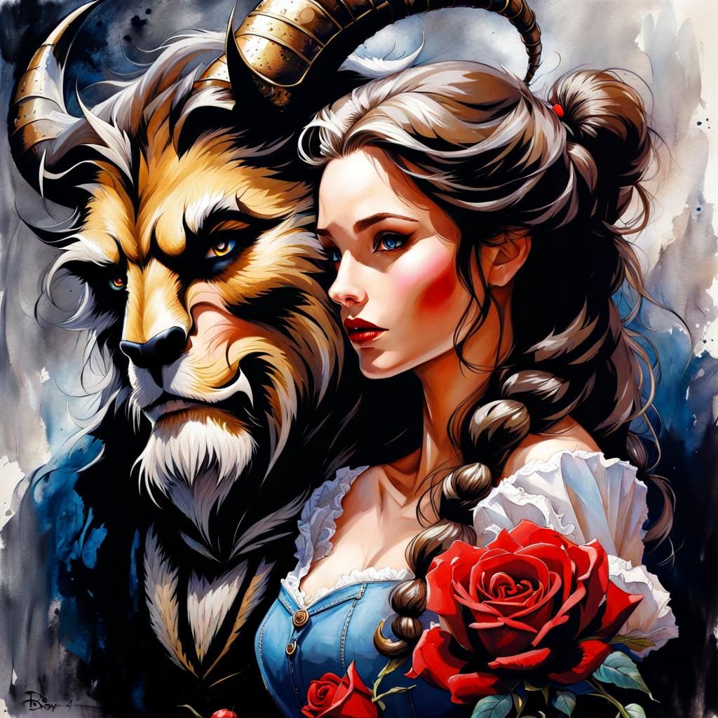 Gothic Beauty and the Beast in Ink Painting Style