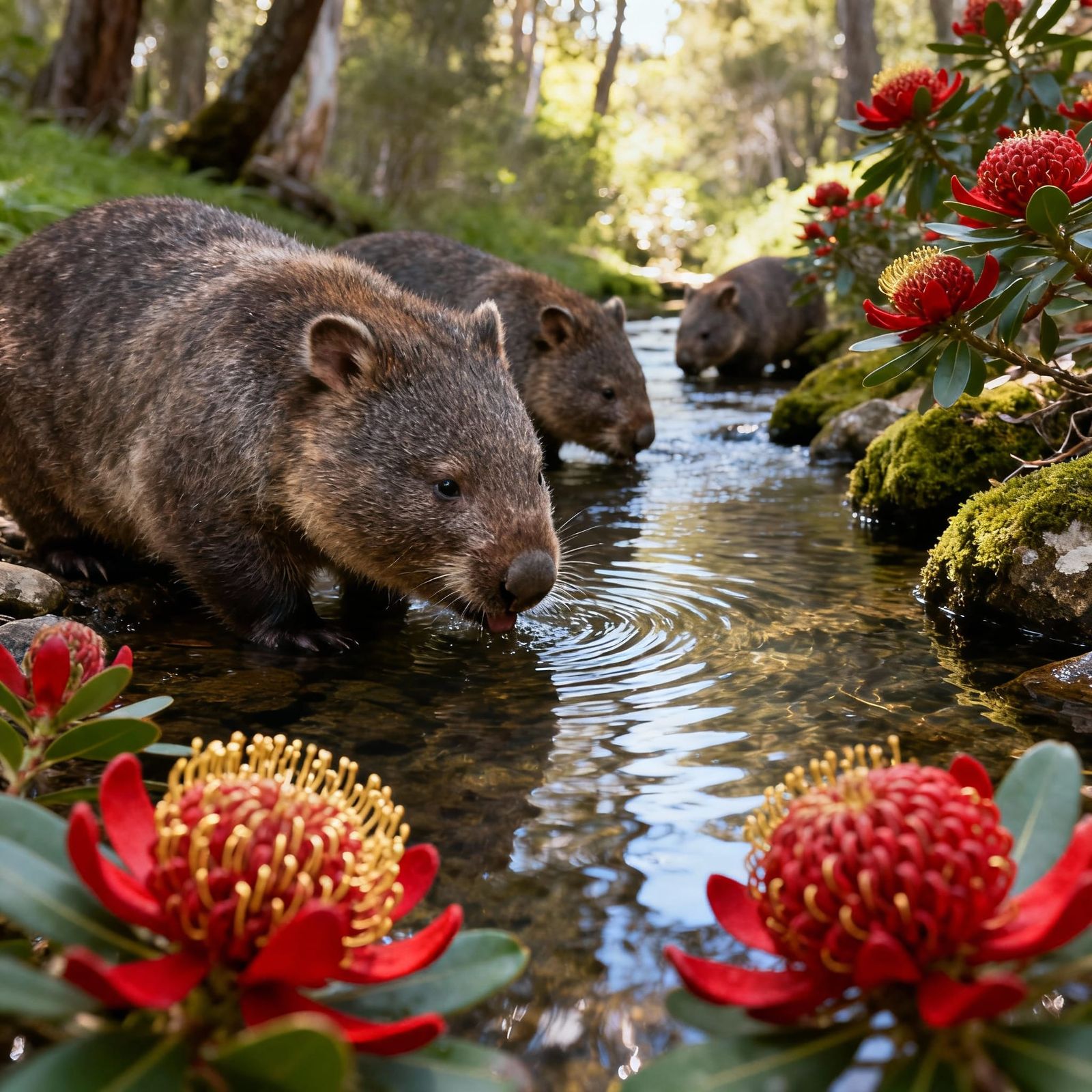 Wombats Drink From Stream Amidst Waratah Flowers
