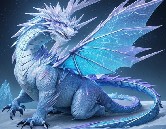 Surreal Crystal Dragon on Snowy Mountain in Vibrant Anime St...