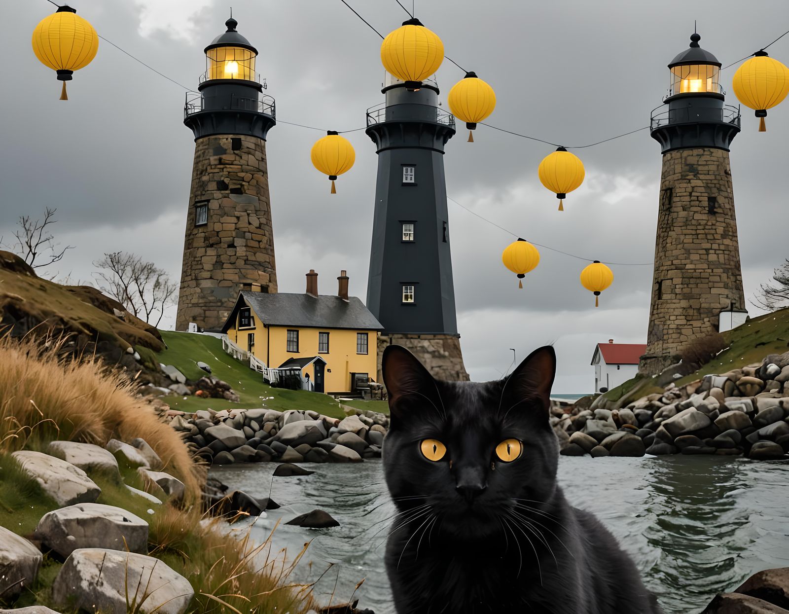Giant Cat Eyes Reflecting Lighthouse Scene