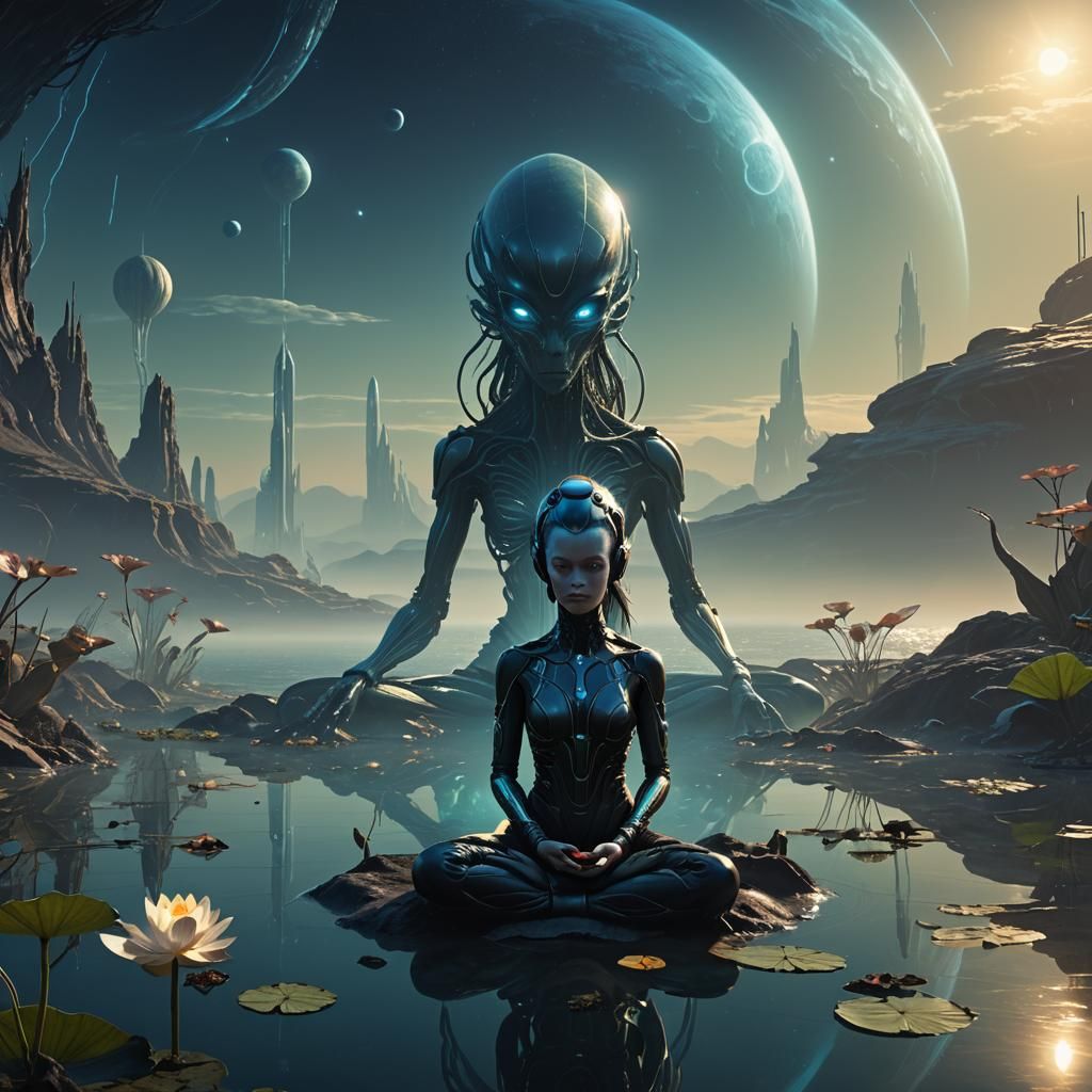Alien Meditation on Distant Planet in Dramatic Style