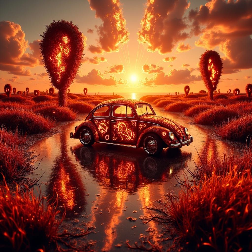 Orange VW Beetle on Sunset Beach with Summer Runes
