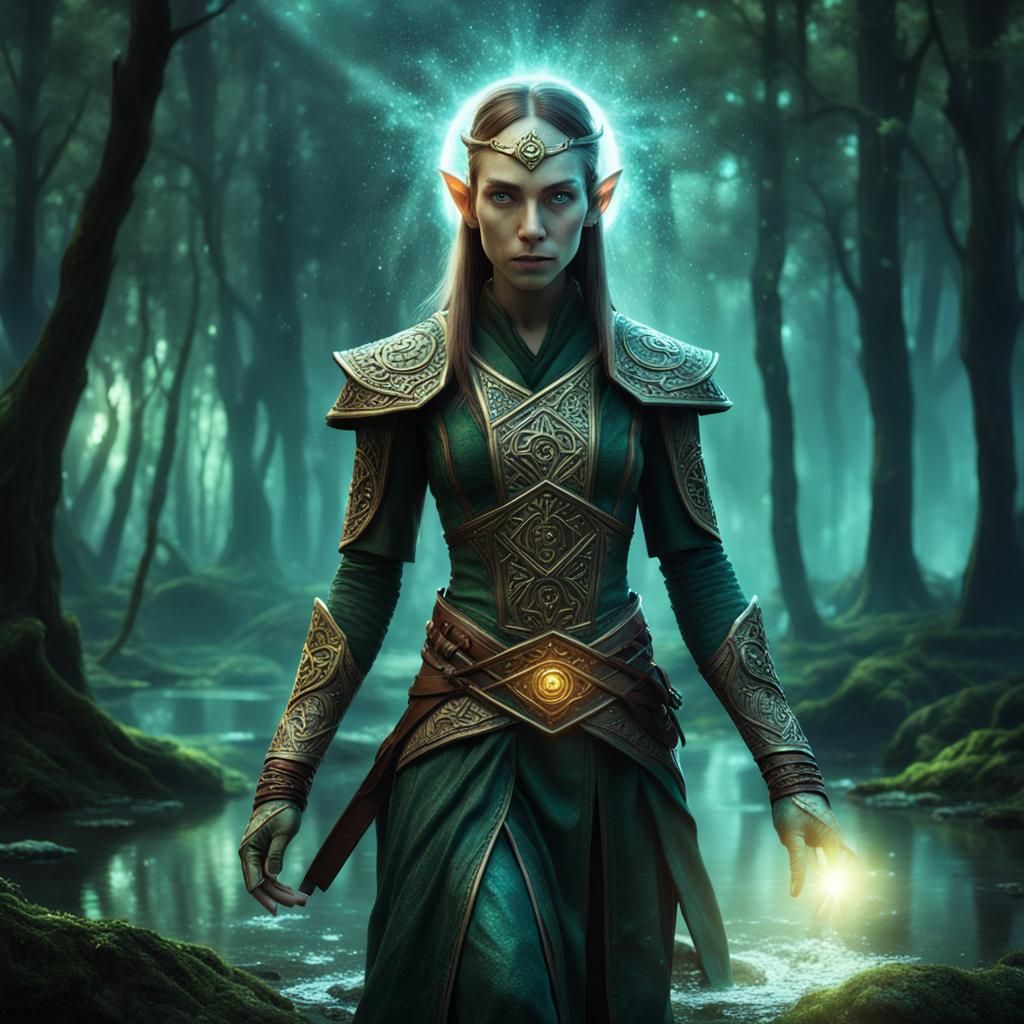 Magical Rune-Covered Elf Monk in Enchanted Swamp