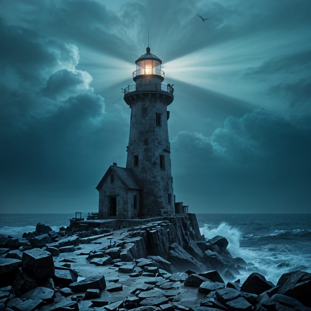 Gothic Lighthouse on Rocky Outcrop in Stormy Sea